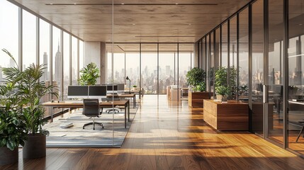 An open-concept office with polished wooden floors, minimalist desks, and large glass walls overlooking a bustling urban skyline, filled with soft morning light