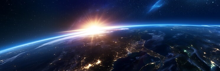 A breathtaking view of Earth from space, with the sun rising over the horizon and illuminating the planet's surface.