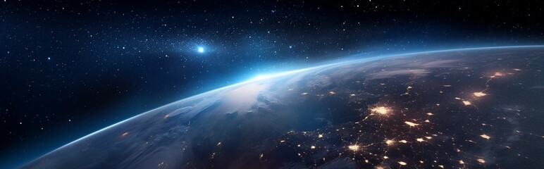 A stunning view of Earth from space, with a bright star shining in the distance and city lights illuminating the night. The planet's curvature is visible, showcasing its beauty and fragility.