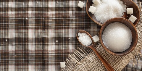 Bird's-eye perspective of granulated sugar in a wooden bowl accompanied by lump sugar and palm sugar bits on a checkered fabric, with room for text.