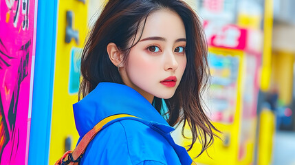 A young woman poses in front of a colorful wall and vending machines, giving a captivating look.