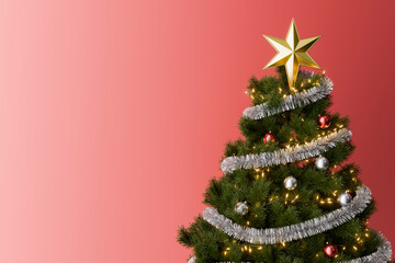 Christmas tree with ornaments and lights on red background with copy space