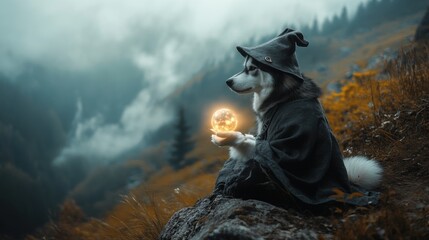 A dog is sitting on a rock holding a glowing ball