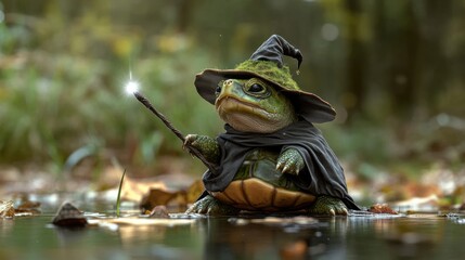 Obraz premium A small green turtle is wearing a black hat and holding a wand