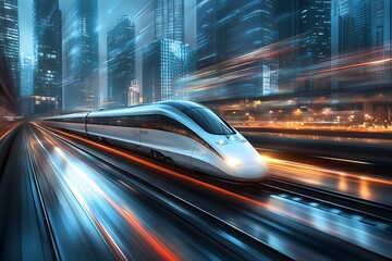 Futuristic high-speed train racing through a modern city at night, with blurred lights showcasing the speed and innovation of advanced transportation.