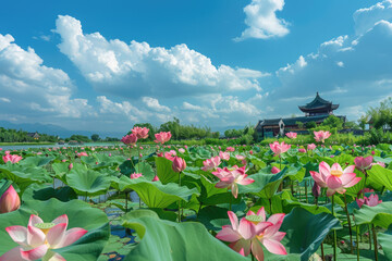 Summer lotus pond, distant pavilion