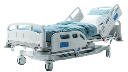 Empty light green bed of Hospital isolated on cut out PNG or transparent background. Modern with pillow and blanket in hospital room to accommodate patients. For use in awaits treatment from doctor.