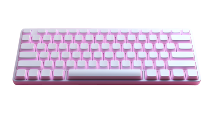 Technology white with pink keyboard glow isolated on cut out PNG or transparent background. Device data from use into computer or electronic device. Buttons inside contain letters, numbers, or symbols