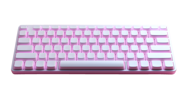 Technology white with pink keyboard glow isolated on cut out PNG or transparent background. Device data from use into computer or electronic device. Buttons inside contain letters, numbers, or symbols