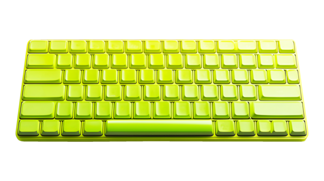 Technology light green keyboard glow isolated on cut out PNG or transparent background. Device data from use into computer or electronic device. Buttons inside contain letters, numbers, or symbols