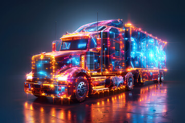 Holographic of digital red, orange blue driving truck display road at night background. Futuristic technology of autonomous truck with Cargo Trailer. Logistics business import export transportation.	