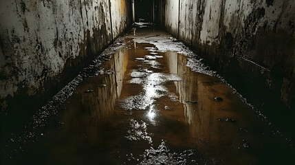 Naklejka premium Dark and eerie hallway with mud and water reflecting light from the end of the hall.