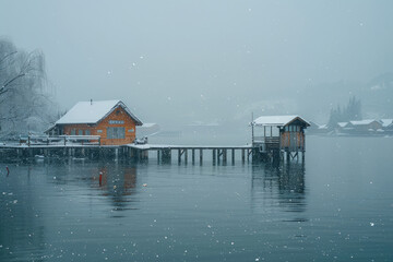 Obraz premium On snowy days, the wooden pavilion and boardwalk by the lake