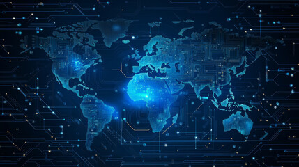 Vector illustration of a technology-themed world map with an abstract circuit board texture. This futuristic circuit board banner features a digital data theme, engineering electronic motherboard.