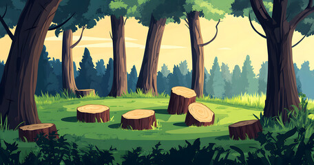 Lumberjack Cutting Trees in a Sunny Forest with Logs and Fallen Trees Design