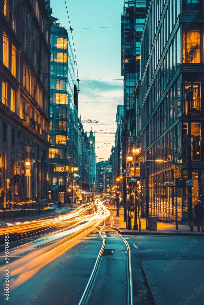 Sticker photo of a stockholm street, office builing, motion blur autumn, finance district in stockholm, early morning 