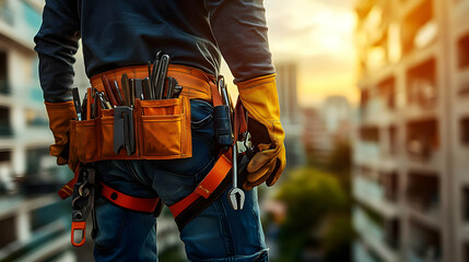 Construction Worker With Tool Belt and Safety Harness at Sunset Job Site