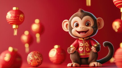 Naklejka premium Joyful Monkey in Festive Attire Surrounded by Red Lanterns, Celebrating Lunar New Year with Vibrant Chinese Cultural Traditions