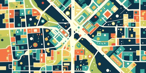Abstract city map design with vibrant colors and geometric shapes. This stylized illustration represents a city with its streets, buildings, and parks.