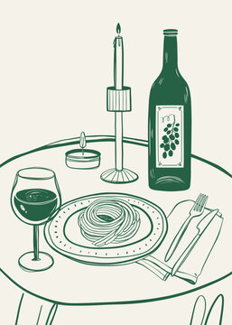 green wine bottle, pasta, candle, table setting clip art preview
