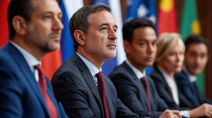 Fototapeta premium Group of executives negotiating a cross-border deal with international flags behind them, international negotiation, global business discussion