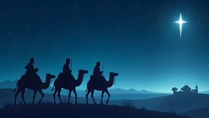 Wise Men Following the Star, Three wise men riding camels in the desert, following a bright star. Silhouette illustration.