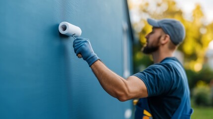 A man in a cap and gloves painting an exterior wall with a roller, focusing on detailed work under bright outdoor sunlight.