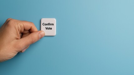 Fingers tapping a "Confirm Vote" button on an electronic voting machine, final decision, digital participation