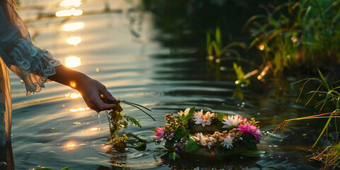 water drops on the glassWildflower wreath with a candles floating at Ivan Kupala's night. AI Generated,
