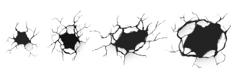 Broken concrete wall or ground. Realistic 3d vector set of cracks and holes various size in break stone surface. Old or damaged by earthquake texture. Destruction effect with fissure and fracture.