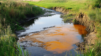An image of industrial pollution affecting a river with discolored water and environmental damage.