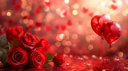Obraz premium Valentines day background with red roses with a red balloon lying on a table with sparkles in the background