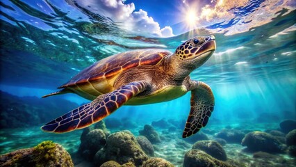 Fototapeta premium Sea Turtle Swimming in Sunlight