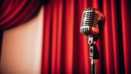 Elegant scene with a vintage silver microphone on a black stand, set against rich, red stage curtains. Ideal for stage or performance-themed designs.