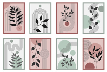 Zen arch poster set with botanical element, simple line arch shapes, and leavs. Geometric Japanese zen pattern minimal elements. Boho style strips,