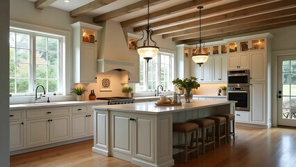 Fototapeta premium Charming Rustic Kitchen with Warm Lighting and Natural Elements for Cozy Cooking
