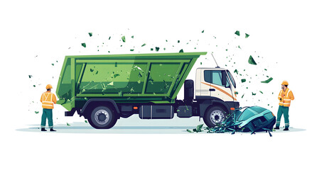 Truck and Car Collision Scene with Construction Workers in a City Setting