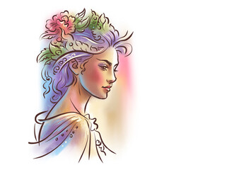 portrait of a girl with flowers digital art for card decoration illustration