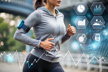 Wearable health sensors embedded in sportswear, with data streams and graphs floating around a person jogging.