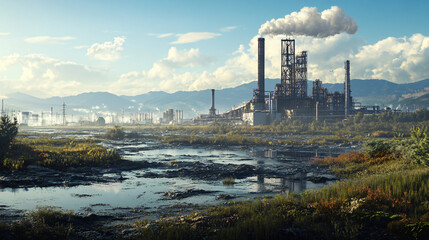 Obraz premium An image of an industrial area with visible pollution affecting the surrounding natural environment.