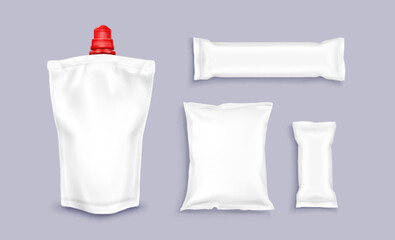 3D pouch and plastic packages mockup set isolated on background. Vector realistic illustration of blank white sachet, sauce doypack, chips bag, wrap for snack, candy, wet wipes, refill soap container