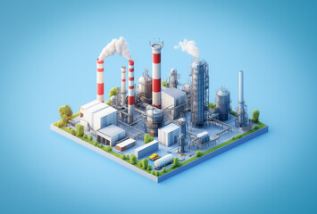 A highly detailed 3D isometric factory on a blue background, with red-striped chimneys emitting white smoke, showcasing industrial structures and complex pipelines, reflecting advanced production