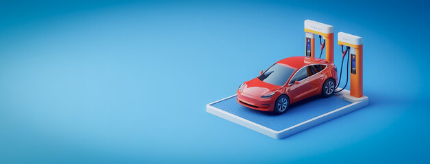 An isometric 3D design featuring an electric vehicle charging at a station, focusing on future transportation technologies in a clean and simple blue backdrop.