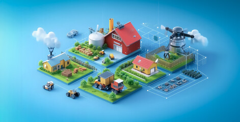 Fototapeta premium A futuristic isometric 3D farm with high-tech equipment, tractors, and modern farming structures on a blue background, demonstrating smart agriculture and automation in farming.