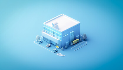 Smart warehouse rendered in a clean 3D isometric style, highlighting logistical efficiency and modern technology. The scene showcases various elements of automated inventory management