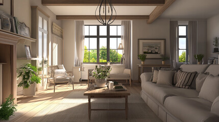 Obraz premium Sunny, tranquil modern luxury home showcase interior living room with ocean view, modern living room interior with comfortable furnitures.