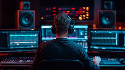 Man working on music production in professional studio with multiple screens, audio equipment, and headphones at night.