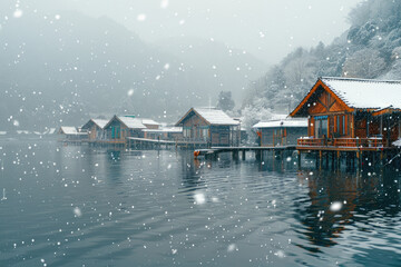 Fototapeta premium On snowy days, the wooden pavilion and boardwalk by the lake