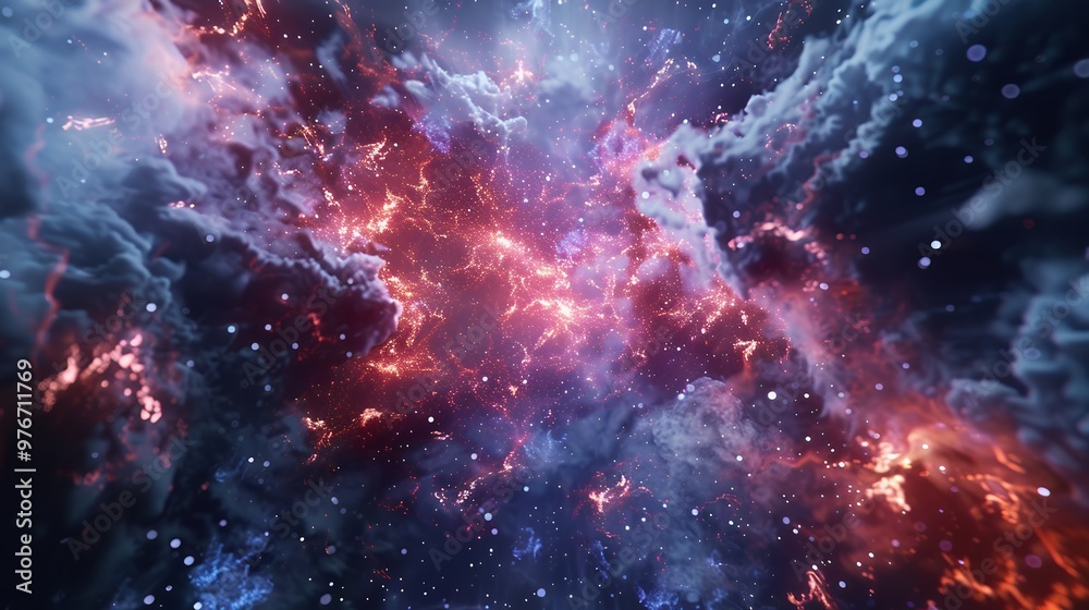 Poster a cosmic nebula with swirling clouds of red and blue background.