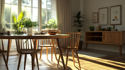 Empty modern cafe with no people with plenty of natural light, Brown wooden table and chairs around it. Fashionable stylish interior